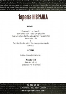 menu taperia hispania 18 euros