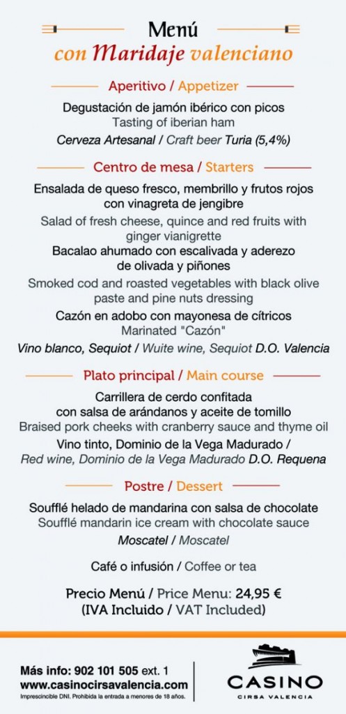Menú con Maridaje valenciano Casino Cirsa Valencia