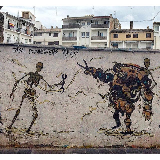 Street Art Valenciano- Valencia
Cash Converters
Me gustaría que la gente pudiera pasar entre fronteras sin ningún apuro, que la moneda ganada por el trabajo duro y digno valiera lo mismo, que todos nos respetáramos y hermanáramos celebrando nuestra identidad local. Me gustaría y empiezo.
#Valencia #ValenciaStreetArt #streetart #streetartbcn #streetartValencia #streetarteverywhere #streetartnews #graffiti #valenciagram #nuestravalencia #lovevalencia #valenciacity  #valenciastreet #thecreatorclass #passionpassport #bcndreamers #catalunya #igersvalencia  #labuenavibrasecontagia #LaFelicidadEsContagiosa #contagiemonosdefelicidad #2016