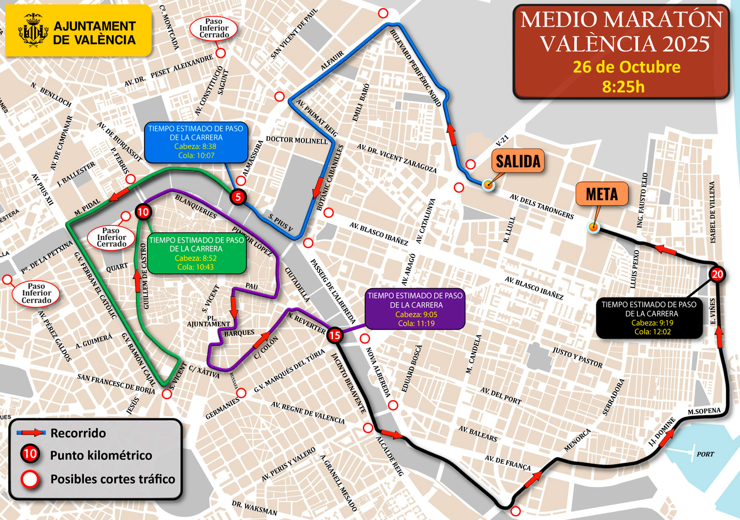 recorrido y cortes de calle medio maraton valencia 2025